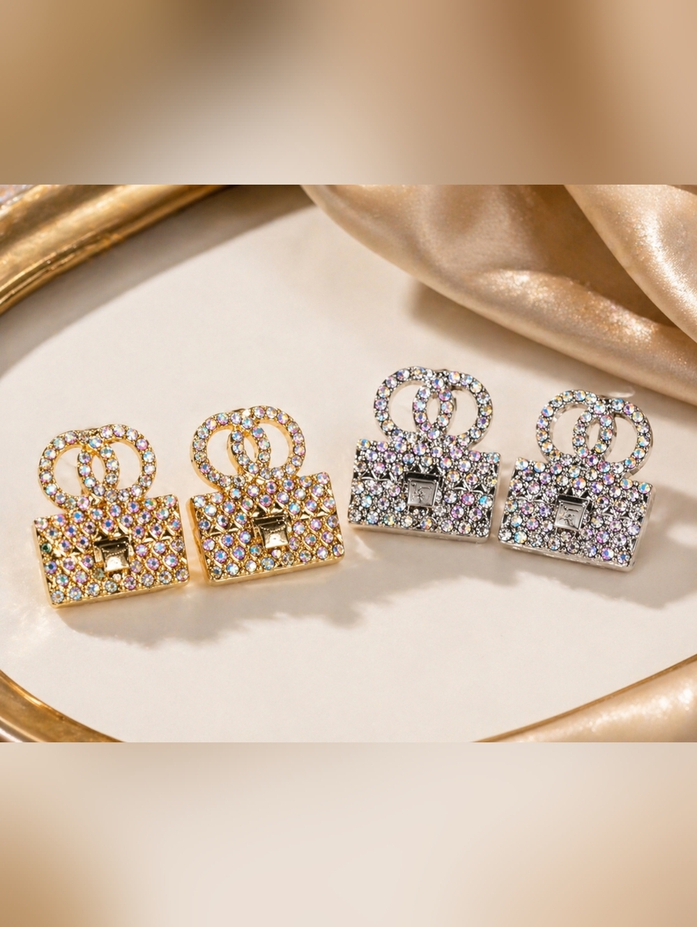 Iridescent Rhinestone Purse Earrings | Gold or Silver | Glam Statement
